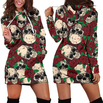 Red Rose Skull Pattern Print Hoodie Dress GearFrost