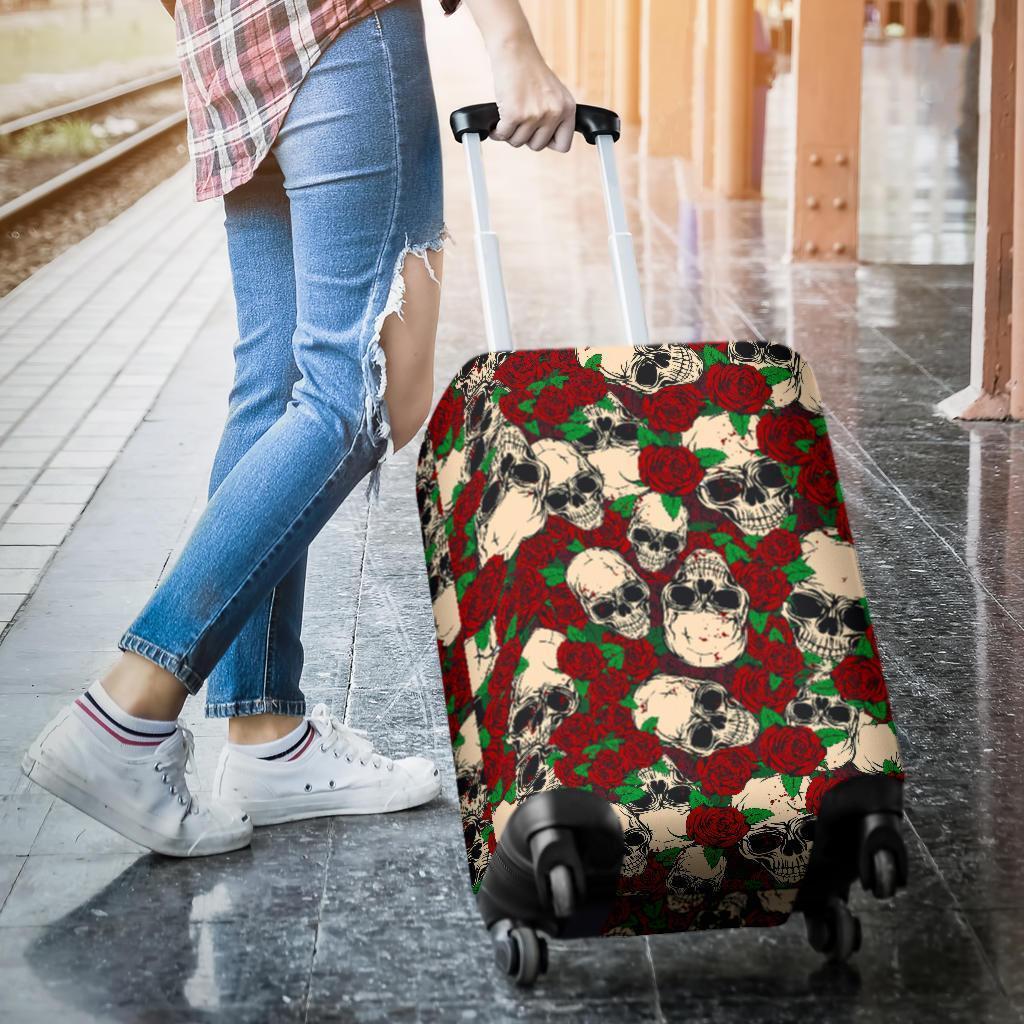 Red Rose Skull Pattern Print Luggage Cover GearFrost