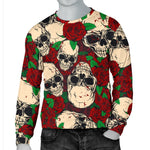 Red Rose Skull Pattern Print Men's Crewneck Sweatshirt GearFrost