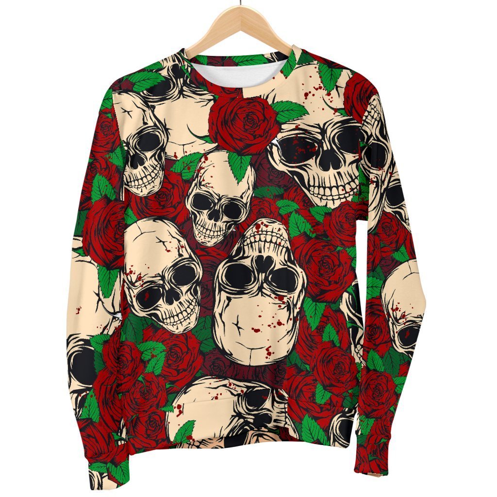 Red Rose Skull Pattern Print Men's Crewneck Sweatshirt GearFrost