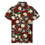 Red Rose Skull Pattern Print Men's Short Sleeve Shirt