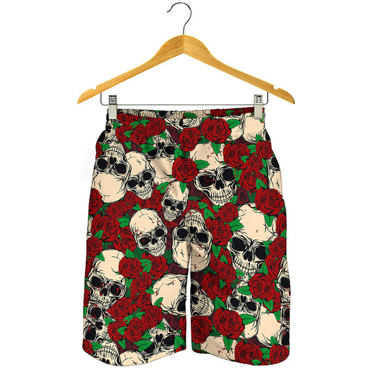 Red Rose Skull Pattern Print Men's Shorts
