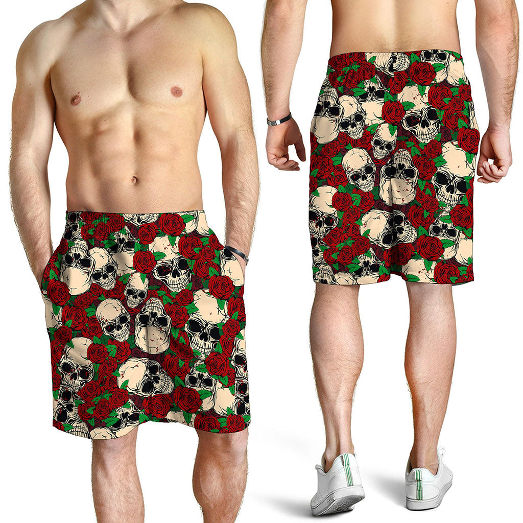 Red Rose Skull Pattern Print Men's Shorts
