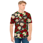 Red Rose Skull Pattern Print Men's T-Shirt
