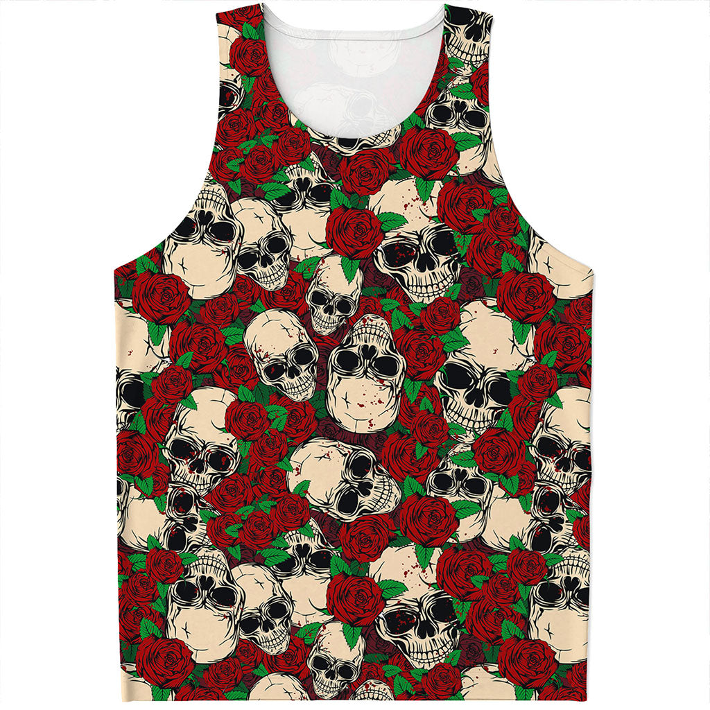 Red Rose Skull Pattern Print Men's Tank Top