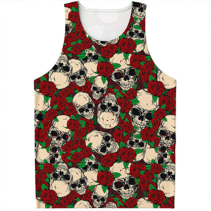 Red Rose Skull Pattern Print Men's Tank Top
