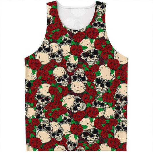 Red Rose Skull Pattern Print Men's Tank Top
