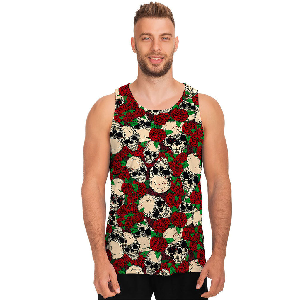 Red Rose Skull Pattern Print Men's Tank Top