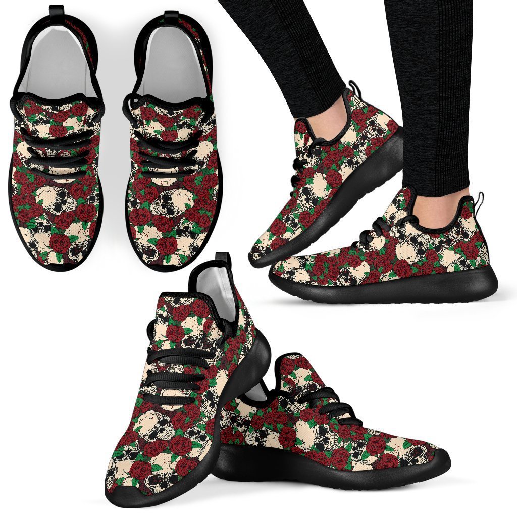 Red Rose Skull Pattern Print Mesh Knit Shoes GearFrost