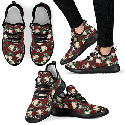 Red Rose Skull Pattern Print Mesh Knit Shoes GearFrost