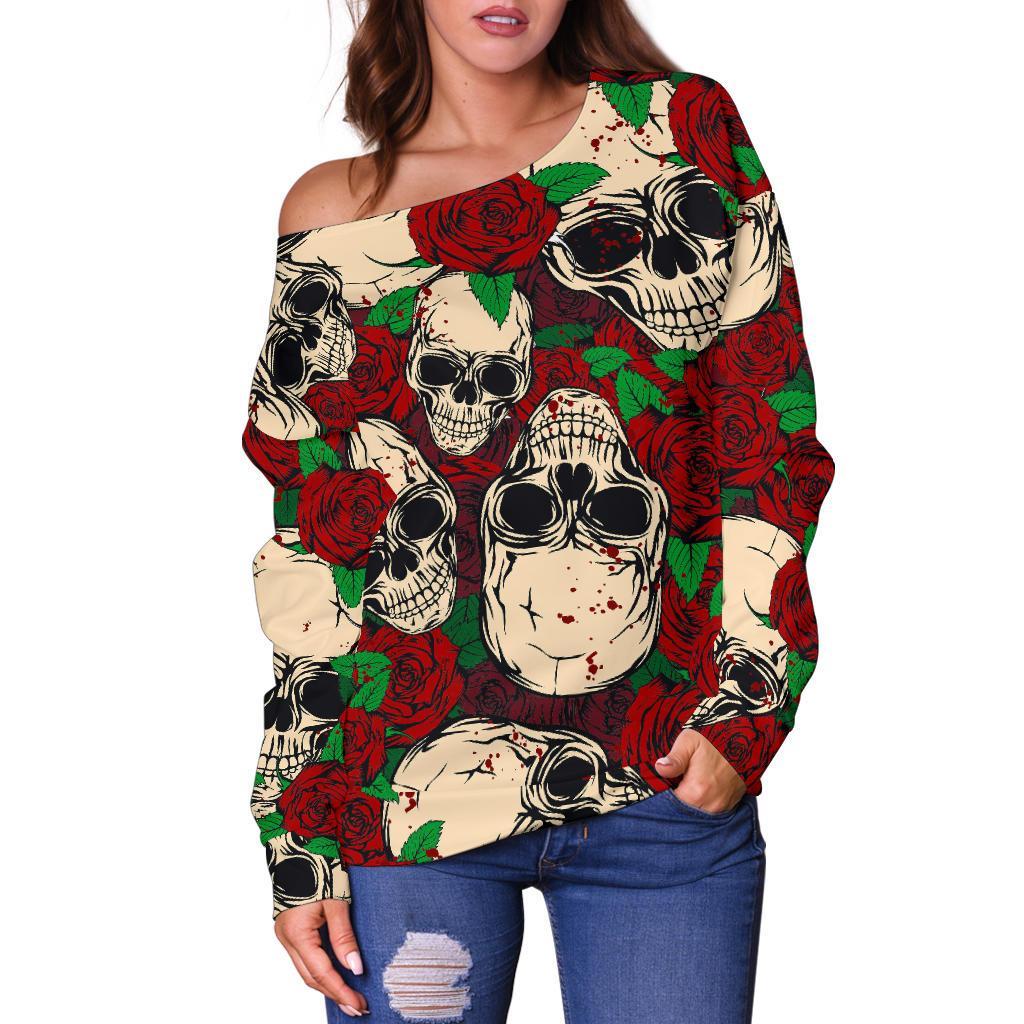 Red Rose Skull Pattern Print Off Shoulder Sweatshirt GearFrost