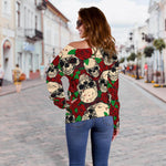 Red Rose Skull Pattern Print Off Shoulder Sweatshirt GearFrost