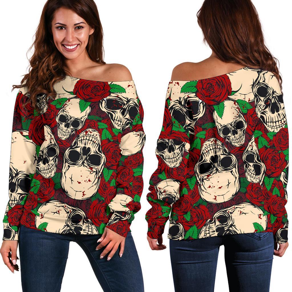 Red Rose Skull Pattern Print Off Shoulder Sweatshirt GearFrost