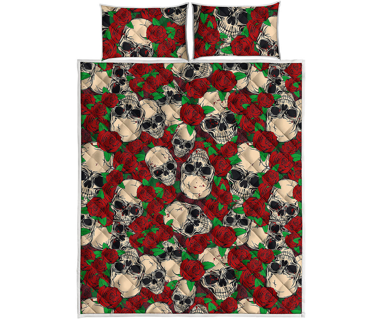 Red Rose Skull Pattern Print Quilt Bed Set