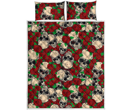 Red Rose Skull Pattern Print Quilt Bed Set