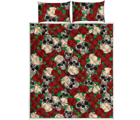 Red Rose Skull Pattern Print Quilt Bed Set