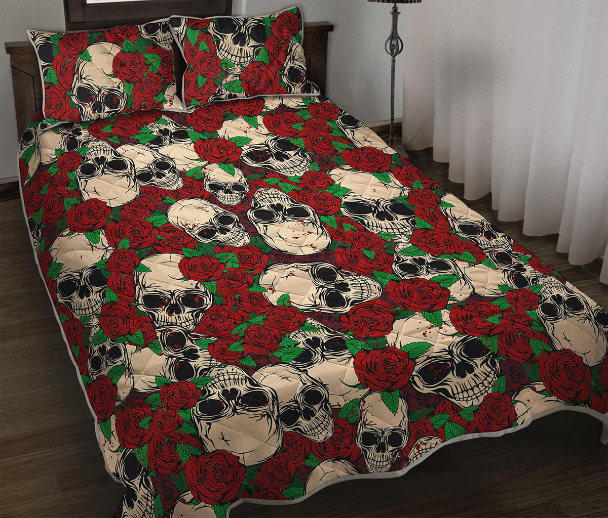 Red Rose Skull Pattern Print Quilt Bed Set