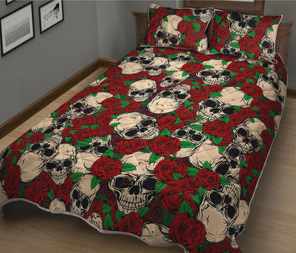 Red Rose Skull Pattern Print Quilt Bed Set
