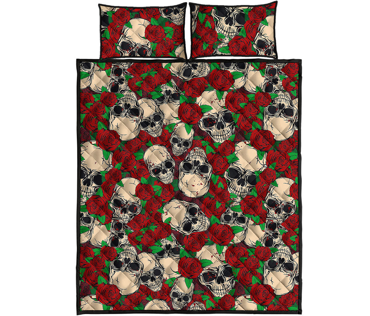 Red Rose Skull Pattern Print Quilt Bed Set