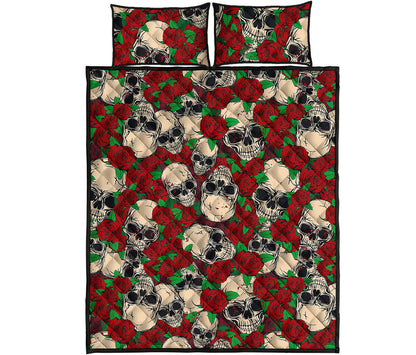 Red Rose Skull Pattern Print Quilt Bed Set