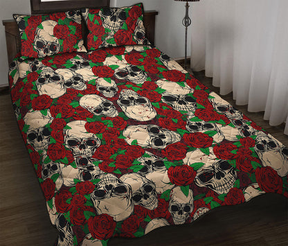 Red Rose Skull Pattern Print Quilt Bed Set