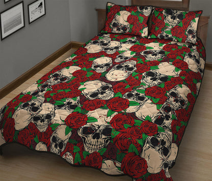 Red Rose Skull Pattern Print Quilt Bed Set