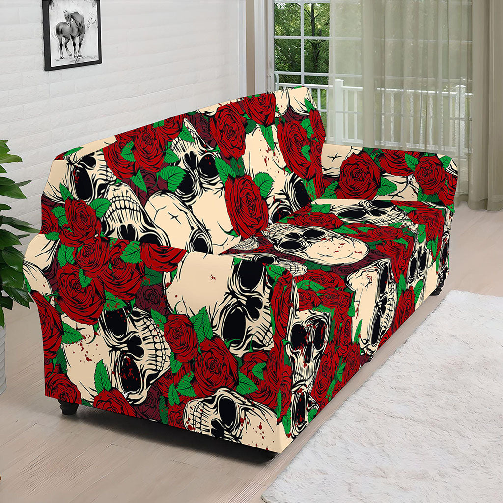 Red Rose Skull Pattern Print Sofa Cover