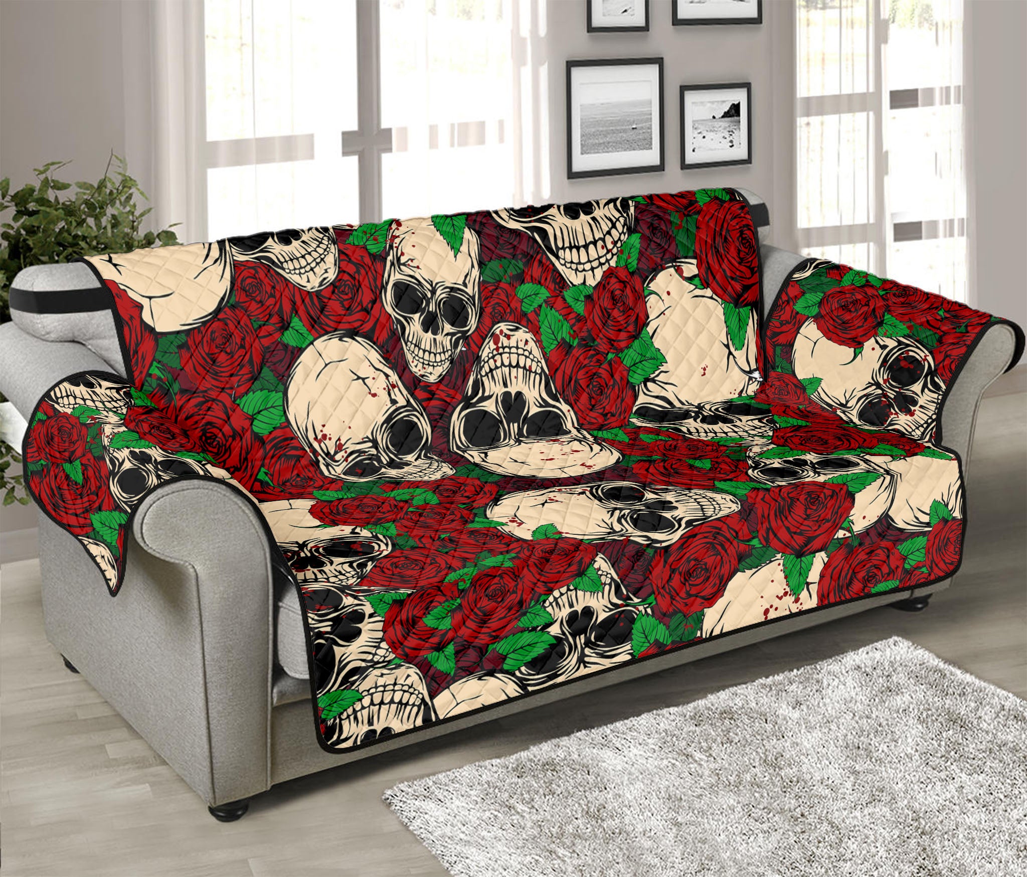 Red Rose Skull Pattern Print Sofa Protector