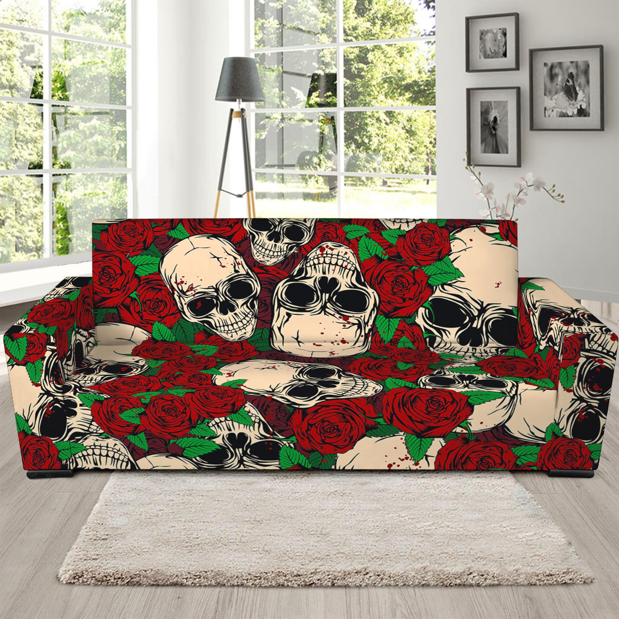 Red Rose Skull Pattern Print Sofa Slipcover