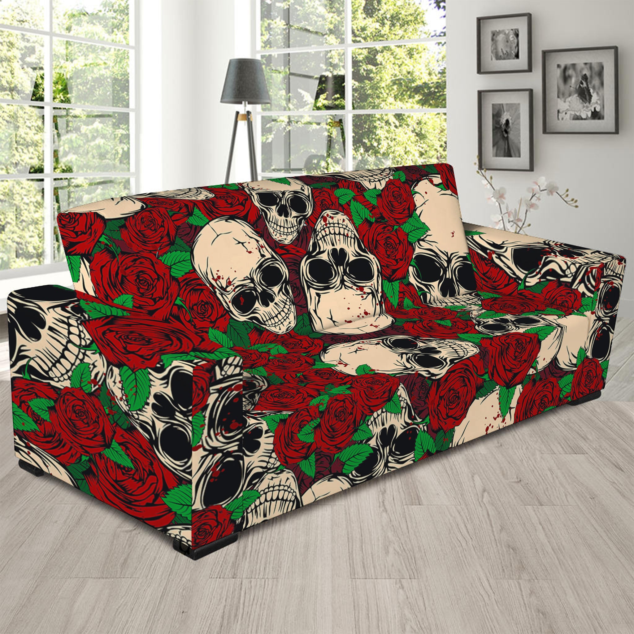 Red Rose Skull Pattern Print Sofa Slipcover