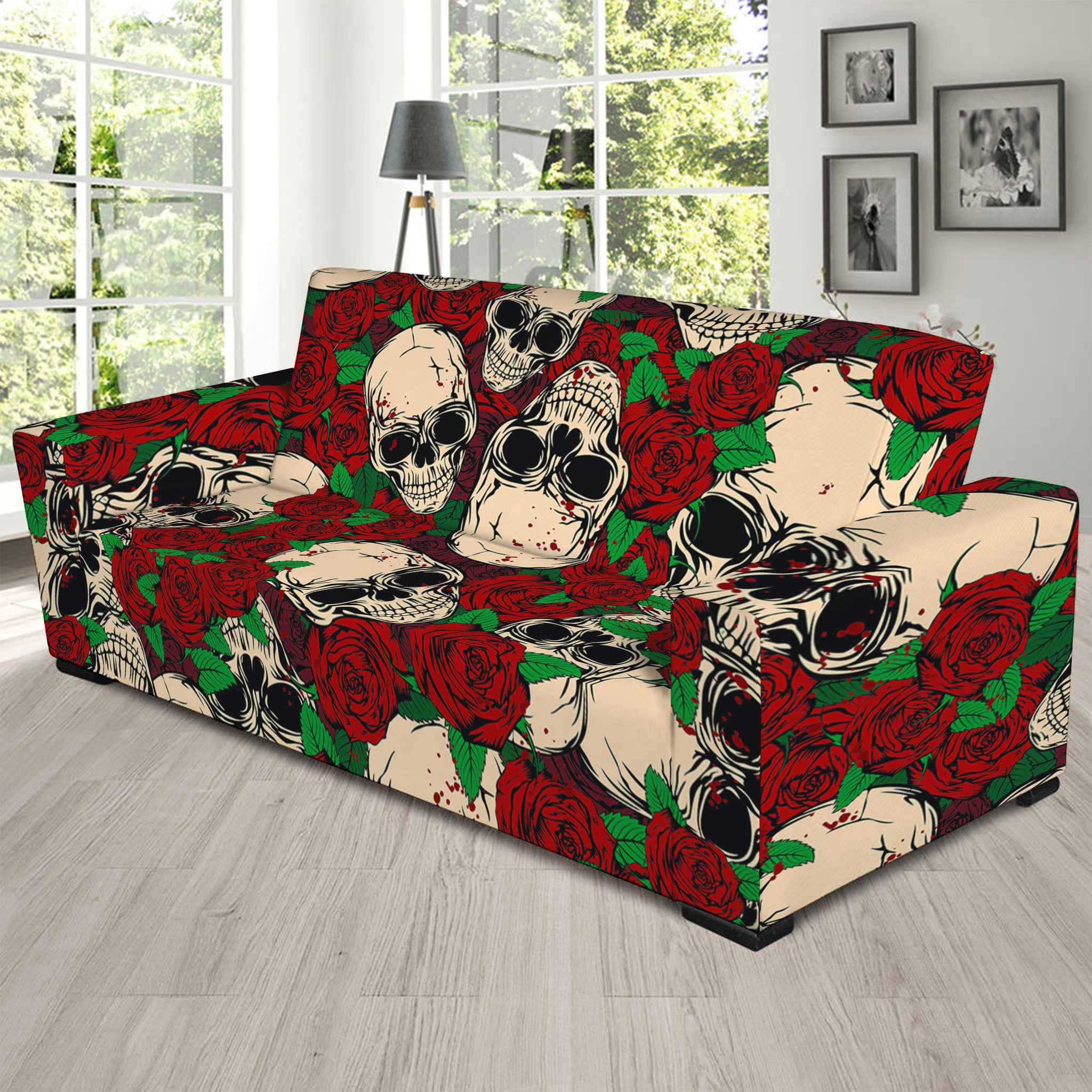 Red Rose Skull Pattern Print Sofa Slipcover