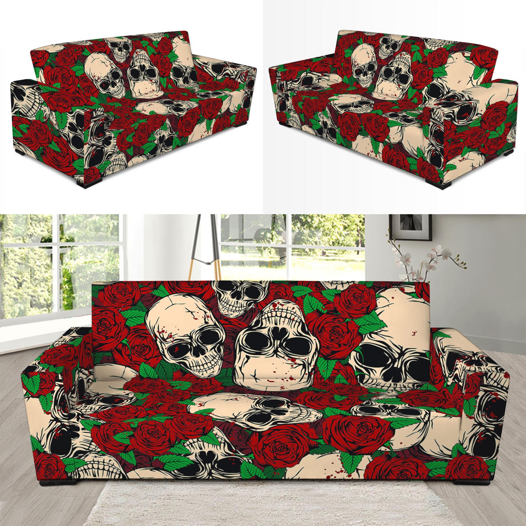 Red Rose Skull Pattern Print Sofa Slipcover