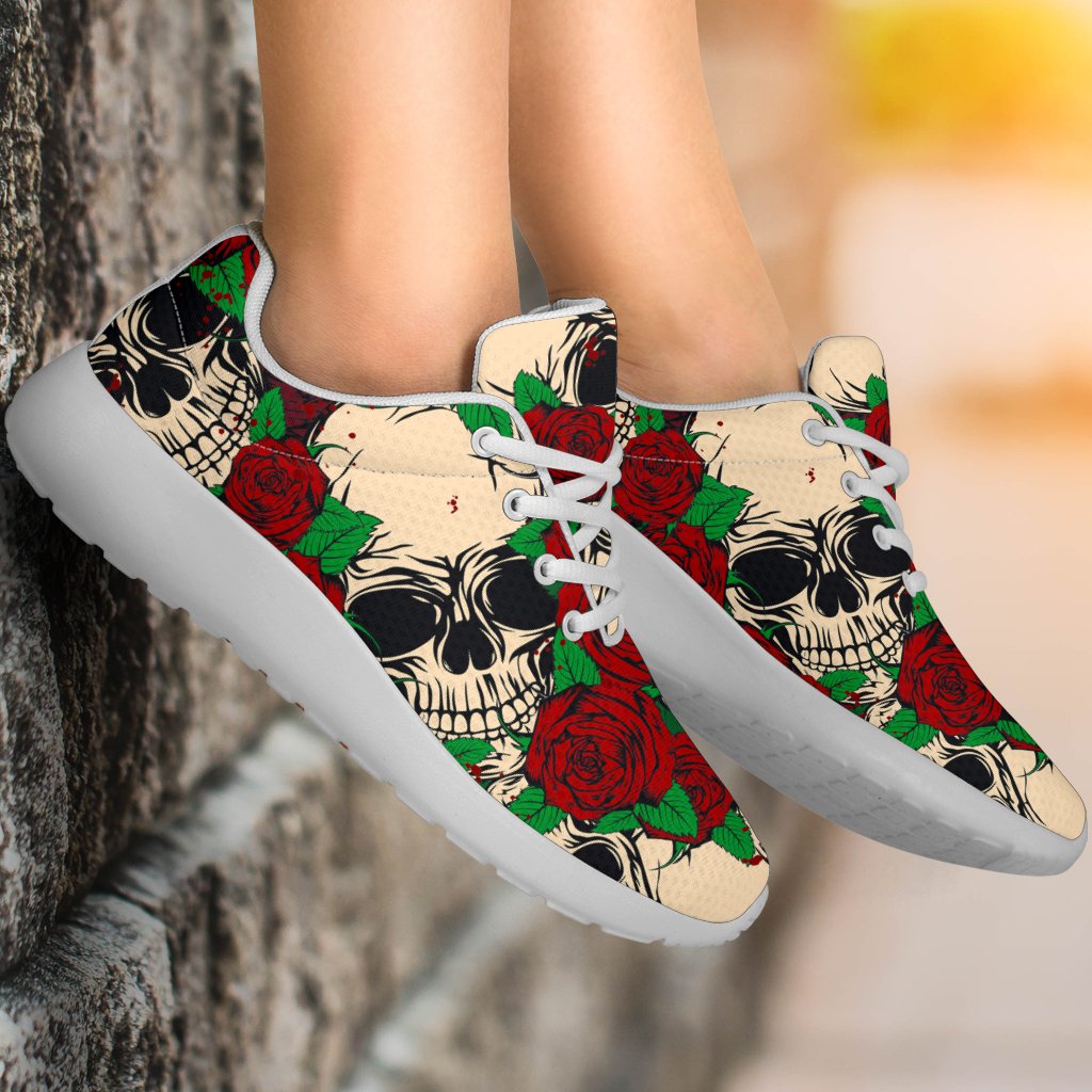 Red Rose Skull Pattern Print Sport Shoes GearFrost