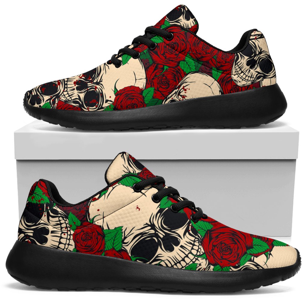 Red Rose Skull Pattern Print Sport Shoes GearFrost