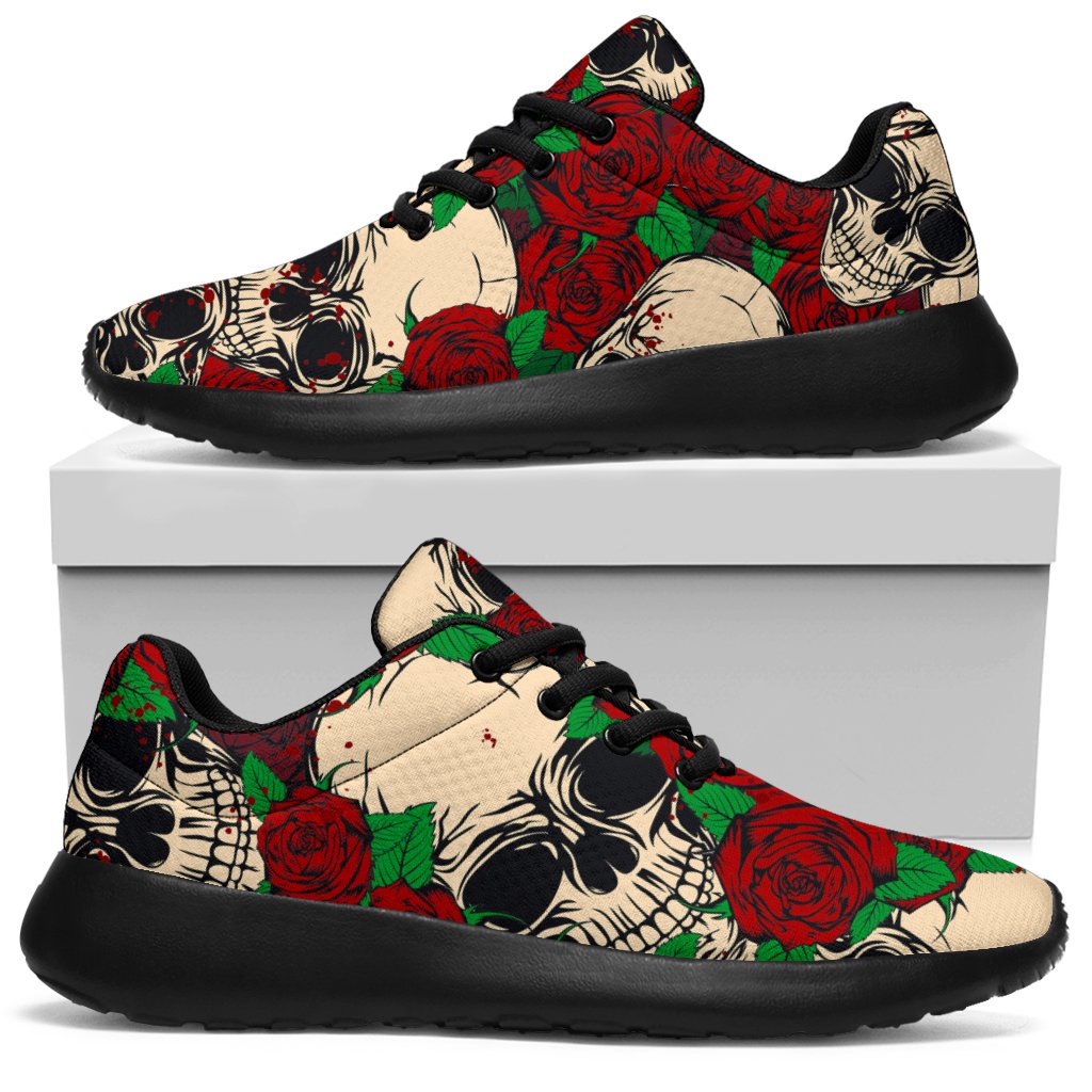 Red Rose Skull Pattern Print Sport Shoes GearFrost