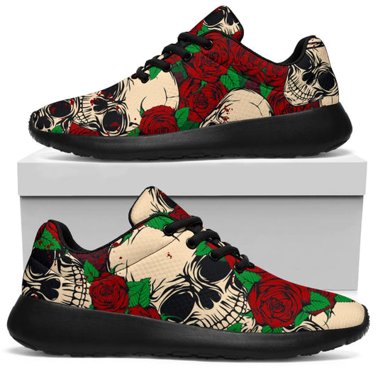 Red Rose Skull Pattern Print Sport Shoes GearFrost