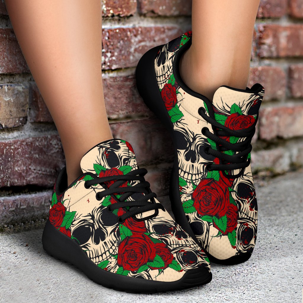 Red Rose Skull Pattern Print Sport Shoes GearFrost