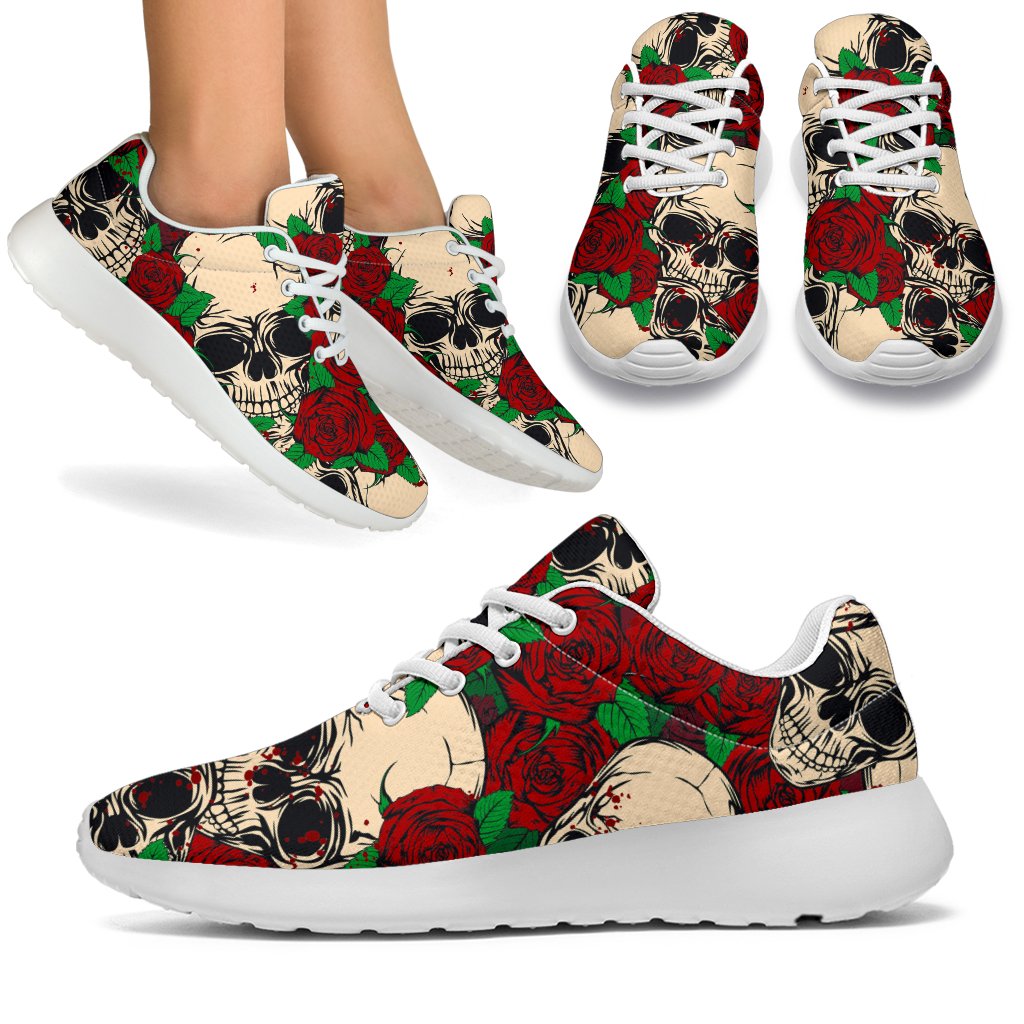 Red Rose Skull Pattern Print Sport Shoes GearFrost