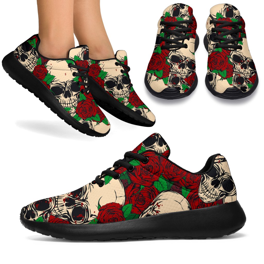 Red Rose Skull Pattern Print Sport Shoes GearFrost