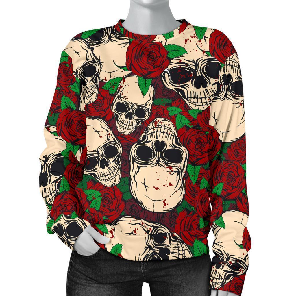 Red Rose Skull Pattern Print Women's Crewneck Sweatshirt GearFrost