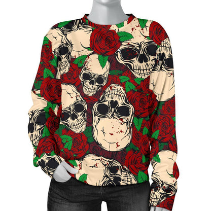 Red Rose Skull Pattern Print Women's Crewneck Sweatshirt GearFrost
