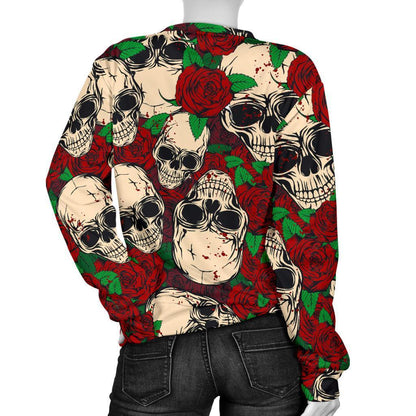 Red Rose Skull Pattern Print Women's Crewneck Sweatshirt GearFrost
