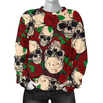 Red Rose Skull Pattern Print Women's Crewneck Sweatshirt GearFrost