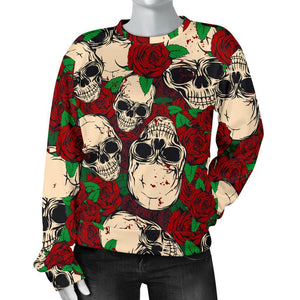 Red Rose Skull Pattern Print Women's Crewneck Sweatshirt GearFrost