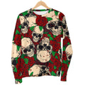 Red Rose Skull Pattern Print Women's Crewneck Sweatshirt