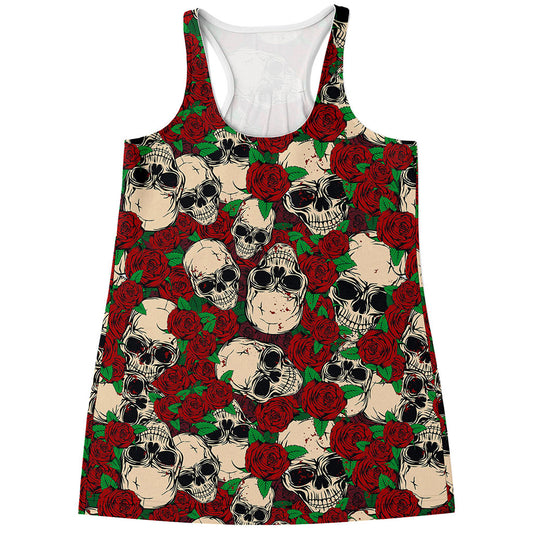 Red Rose Skull Pattern Print Women's Racerback Tank Top