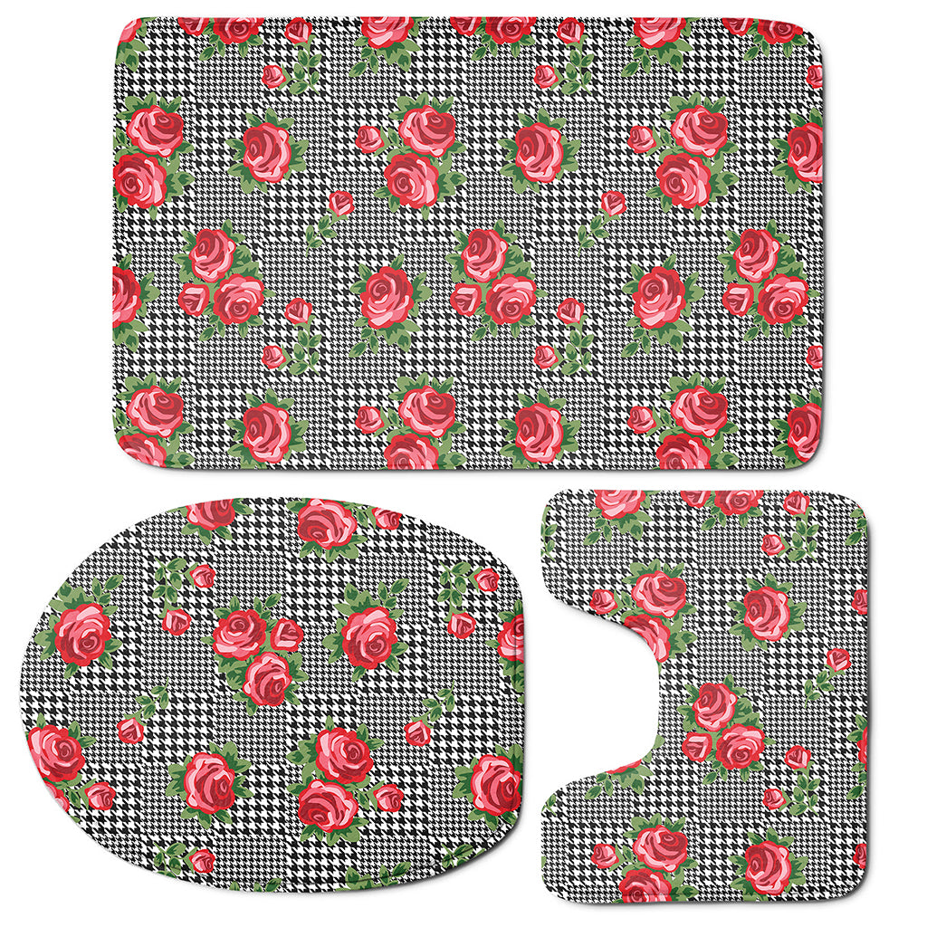 Red Roses Houndstooth Pattern Print 3 Piece Bath Mat Set
