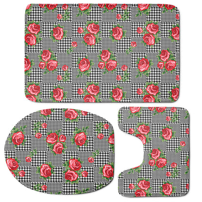 Red Roses Houndstooth Pattern Print 3 Piece Bath Mat Set