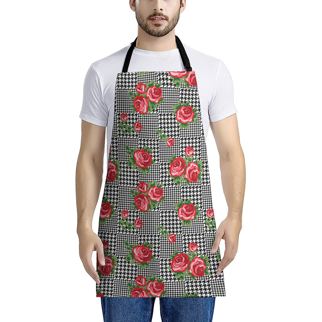 Red Roses Houndstooth Pattern Print Apron