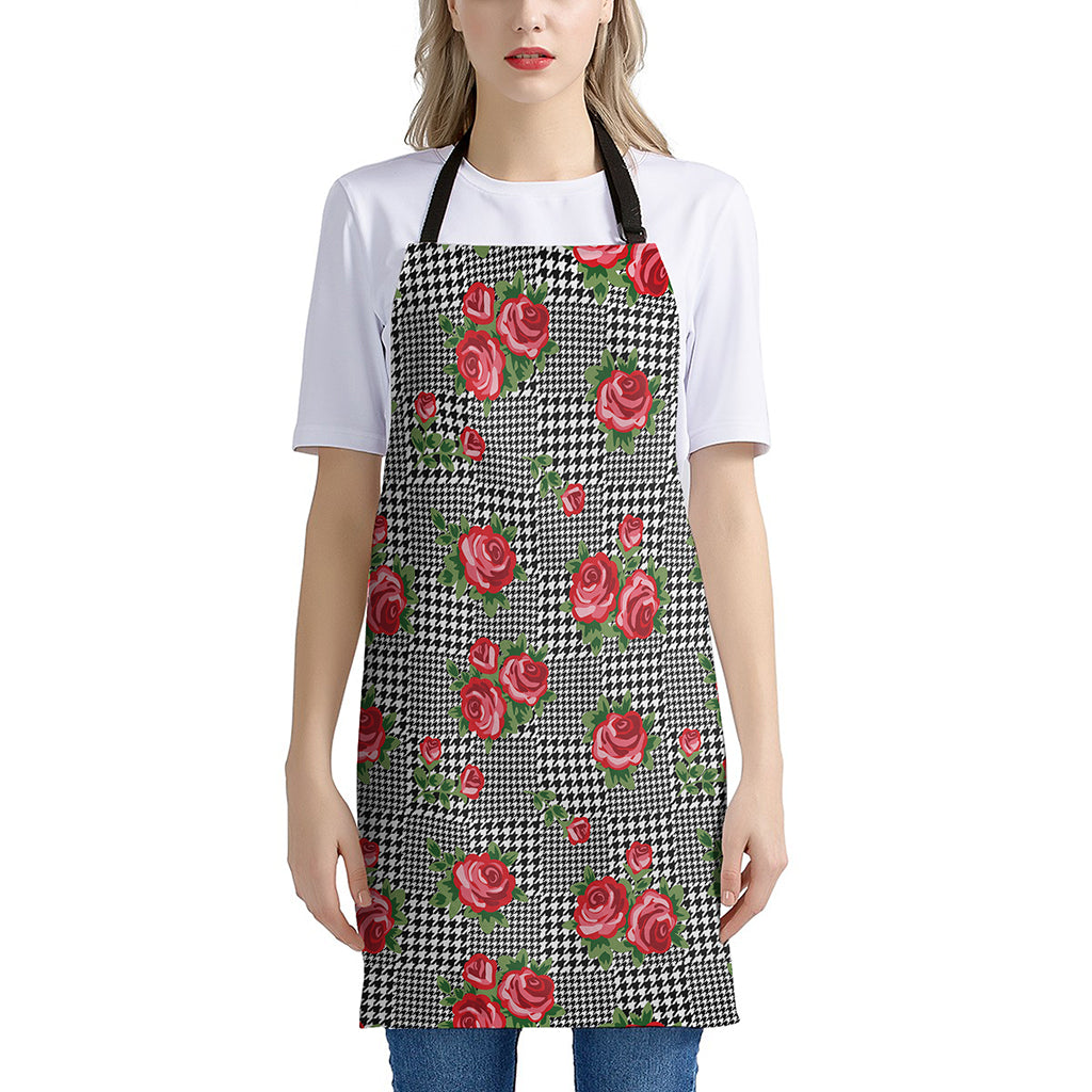 Red Roses Houndstooth Pattern Print Apron